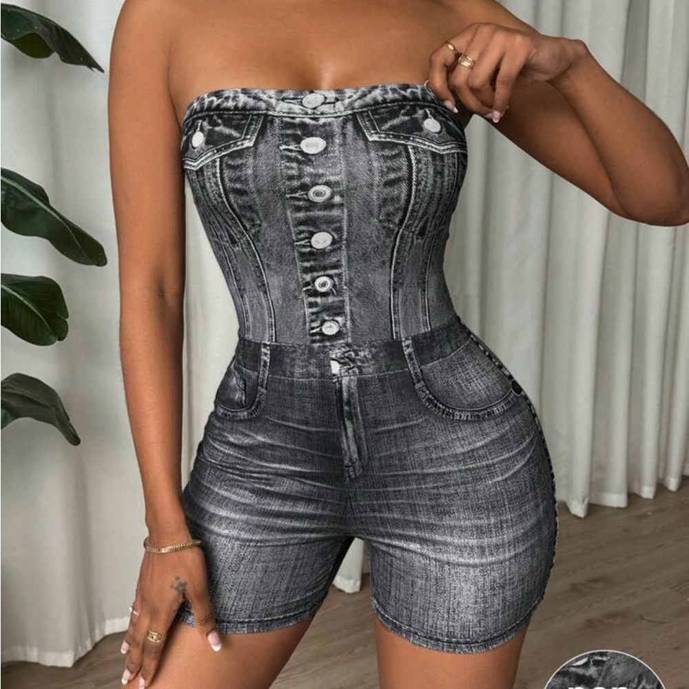 Stretchy Faux Denim Strapless Romper